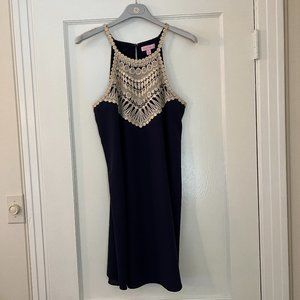 Lilly Pulitzer sleeveless navy dress with gold crochet